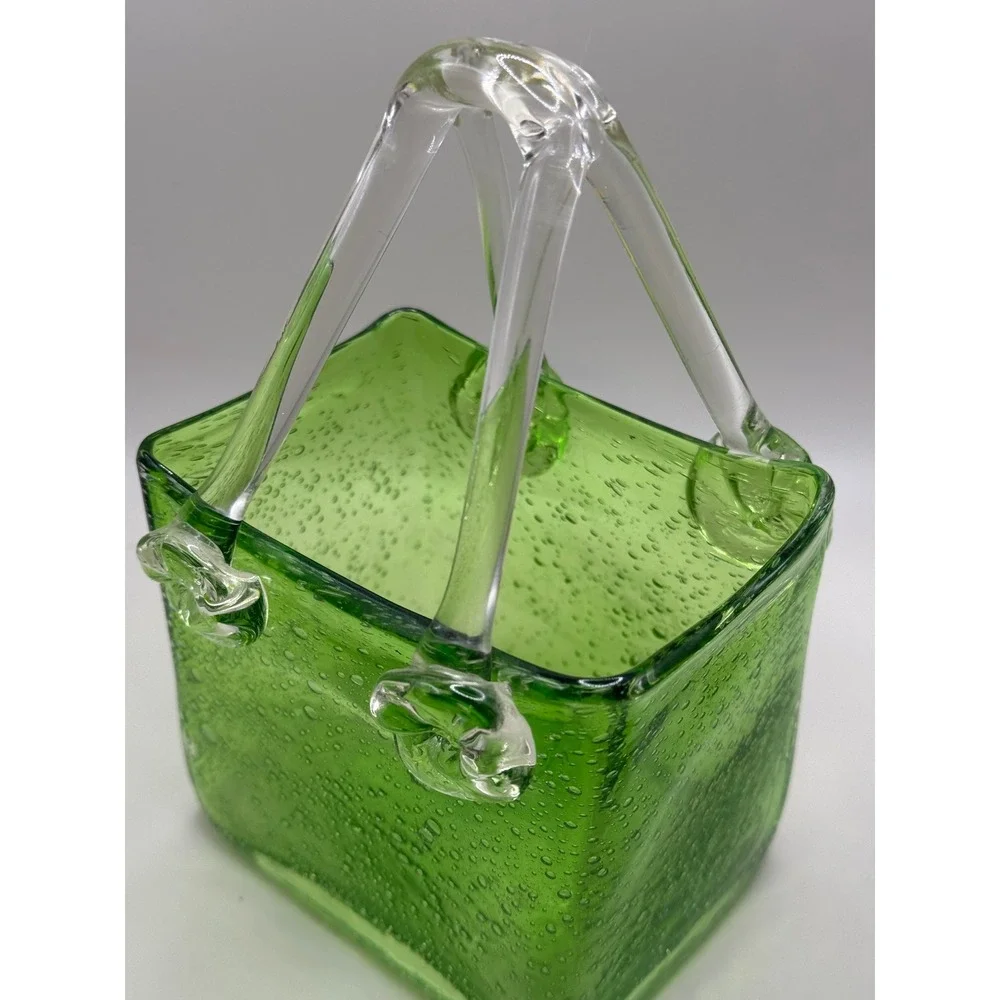 Green Art Glass Basket Vase Hand‎ Blown Bubble Design Decor Accent Piece
